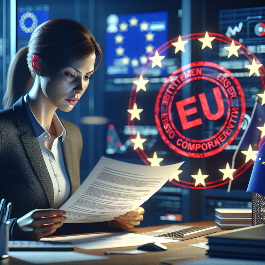 Illustration shows non-EU ecommerce seller reviewing EU compliance paperwork for digital marketplace with product safety and GDPR elements.