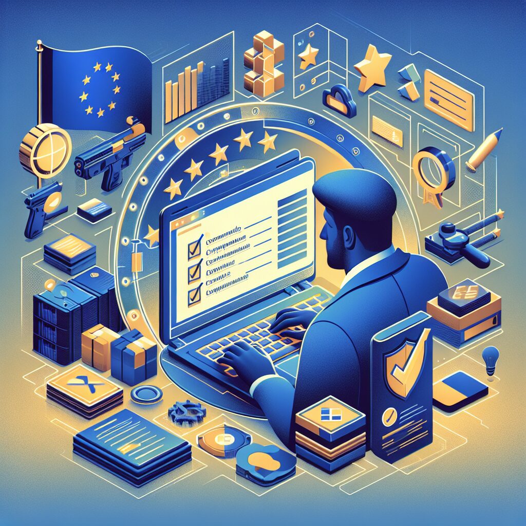 A Shopify seller checking 'EU Compliance' requirements on laptop with product packaging and EU flag, representing Shopify EU compliance setup.