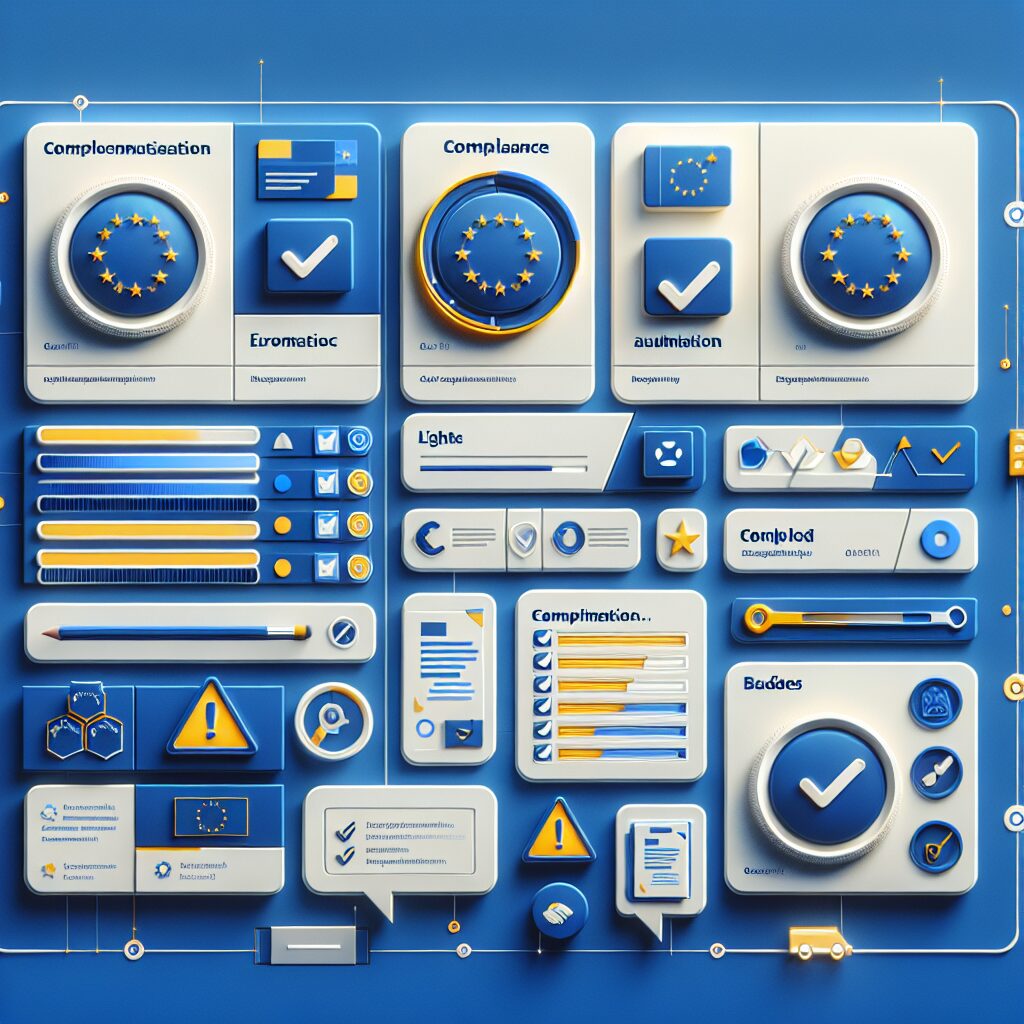 Illustration showing automated EU compliance in progress, with dashboard elements tracking product safety and documentation for DTC brands.