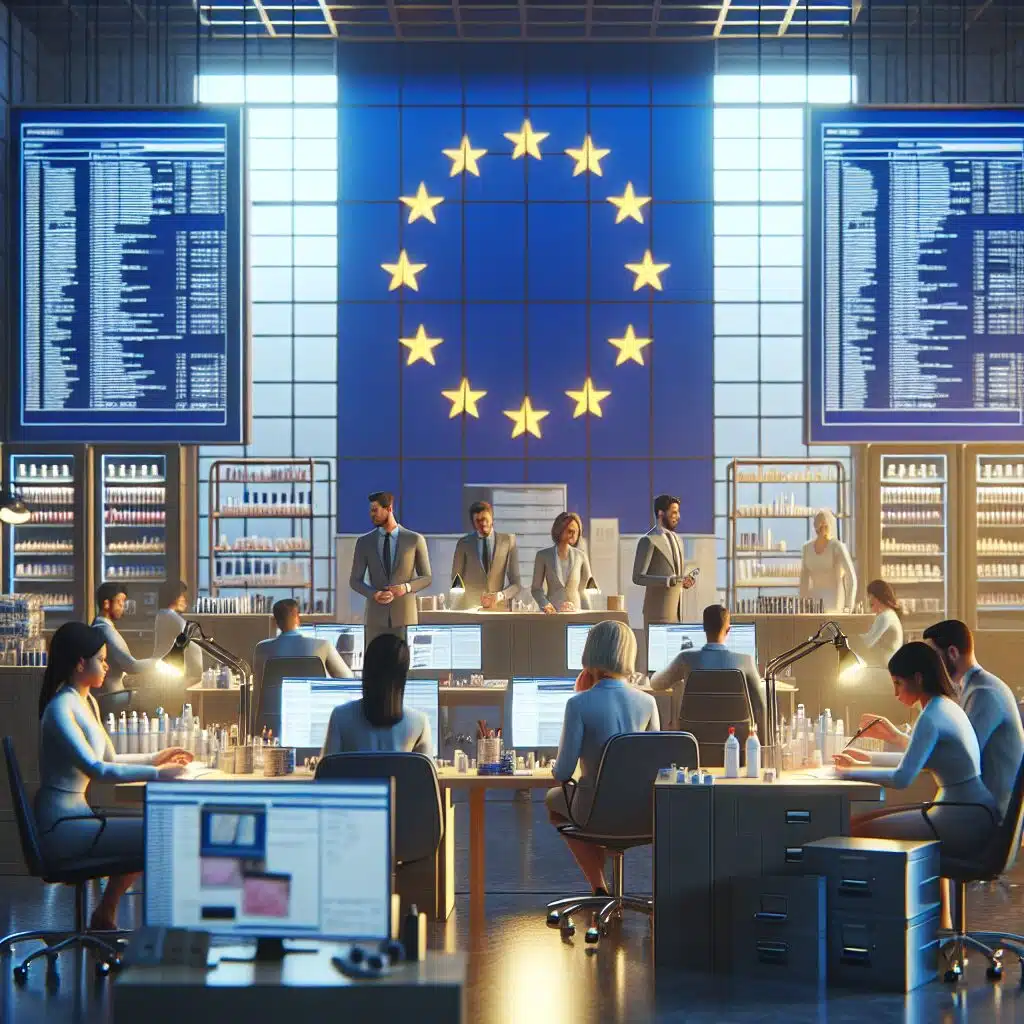 Professionals reviewing EU compliance documentation with labeled cosmetics and tech items, representing EU Responsible Person duties in 2024.