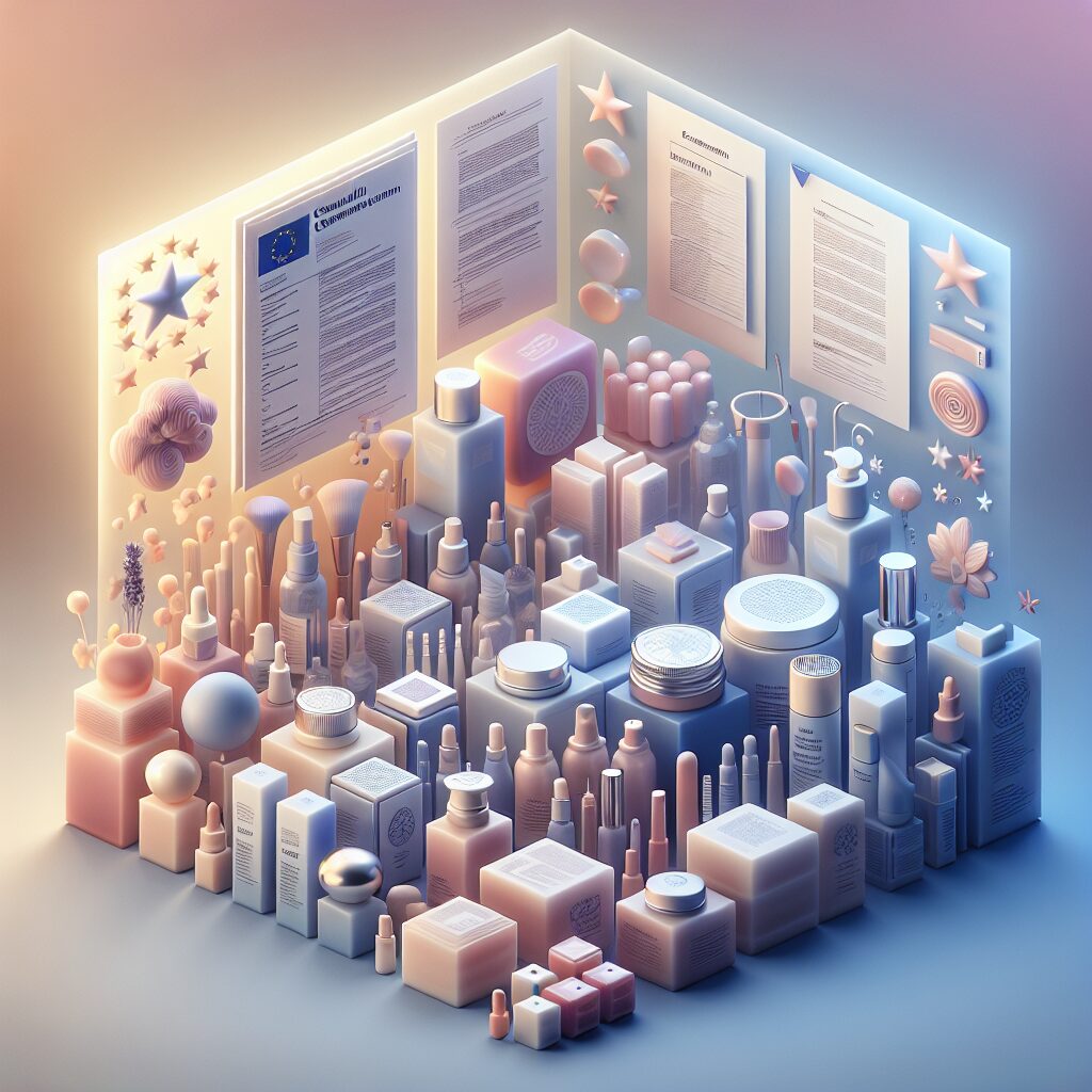 Flat-lay of EU-compliant cosmetics with labels, documents, checklist highlighting EU Responsible Person compliance, ideal for cosmetics brands selling in Europe.