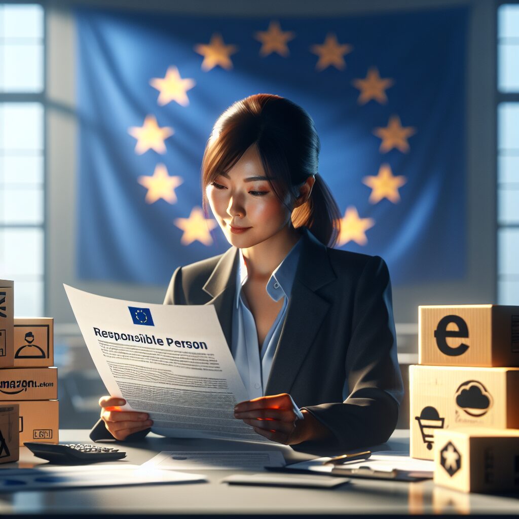 E-commerce seller reviewing product packaging and compliance paperwork with EU Responsible Person documentation for legal EU market entry.