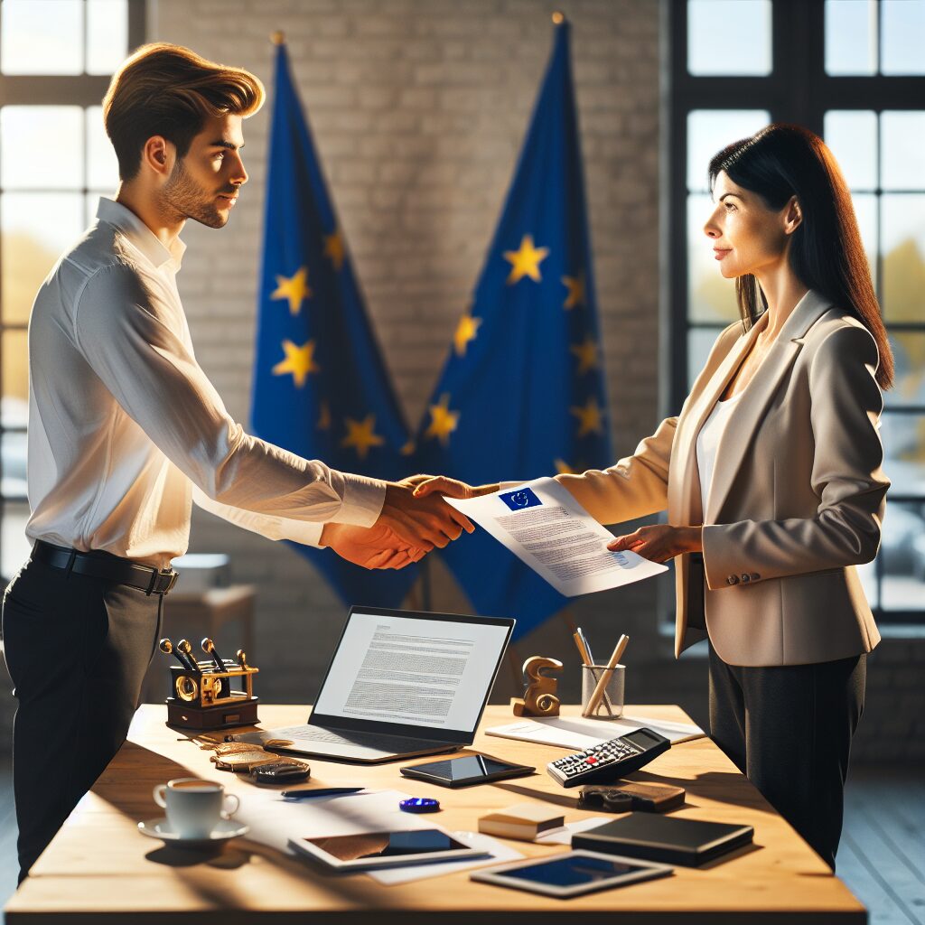 Illustration of a business owner submitting electronics compliance documentation to an EU Responsible Person for market approval within the EU.