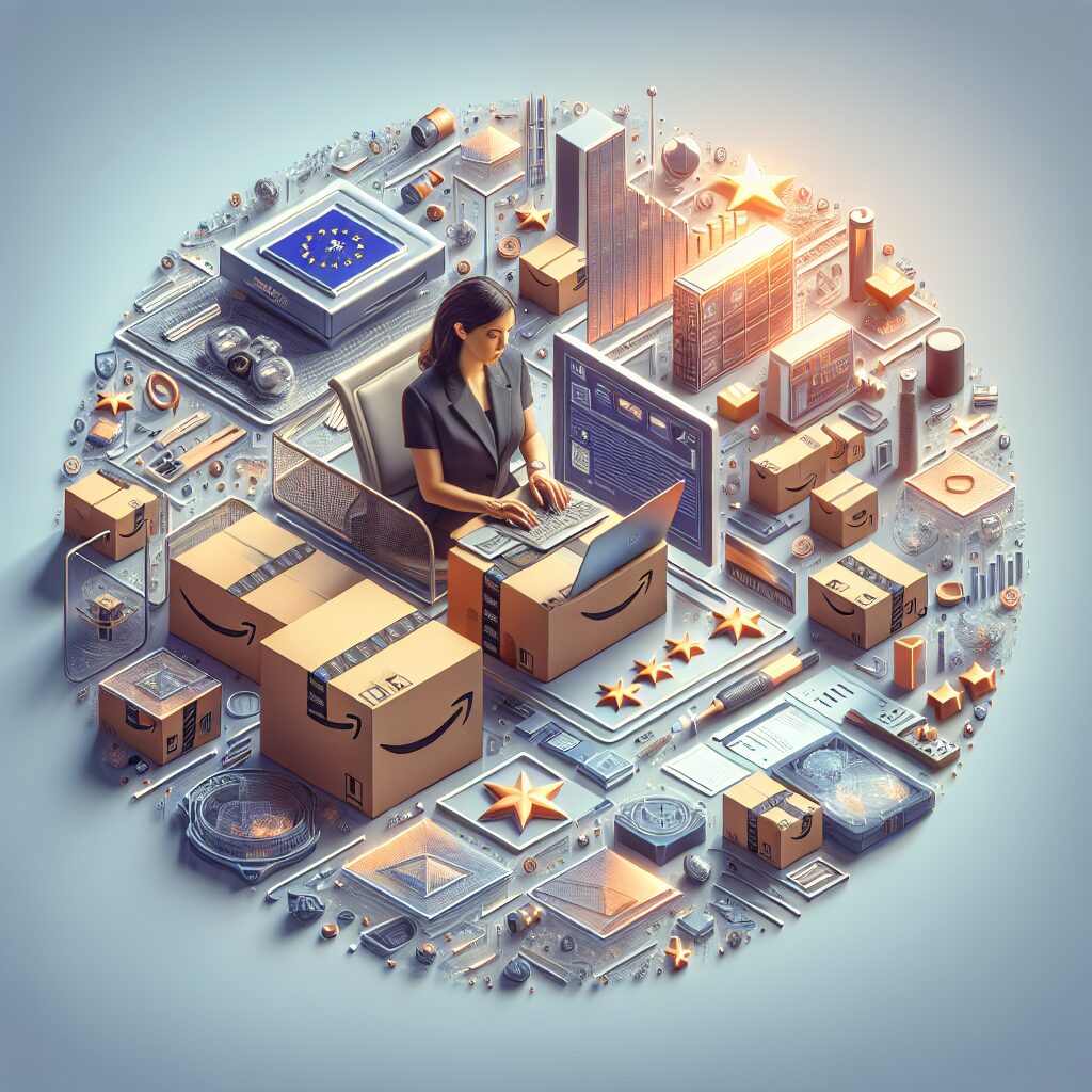 Amazon seller reviewing EU Responsible Person compliance documents next to Amazon packages in modern EU-focused office workspace.