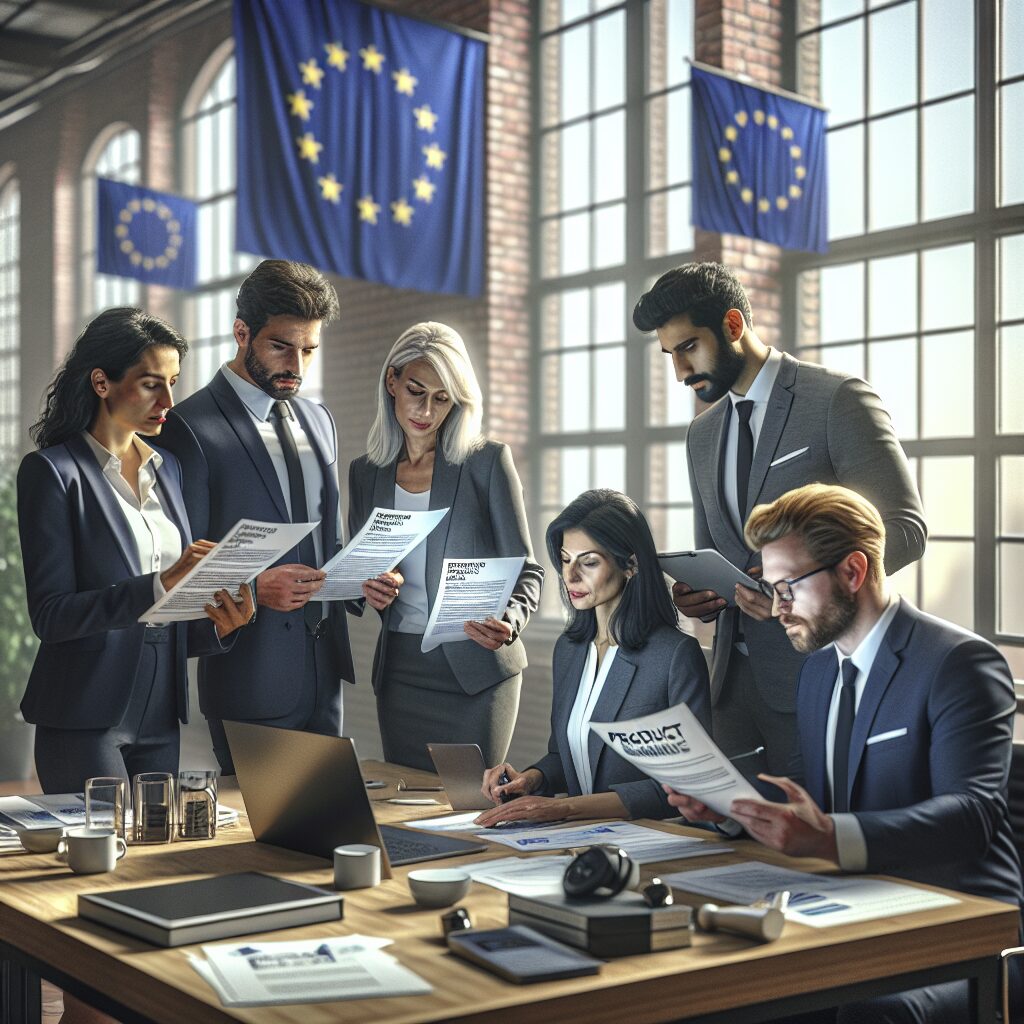 A professional scene of a team reviewing EU compliance documents with Eldris branding and onboarding checklist visible on screen.