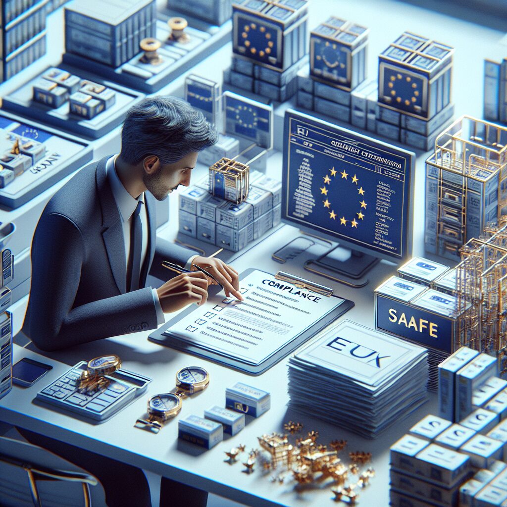 Illustration showing EU Responsible Person onboarding with a checklist, documents, and labeling in a compliance review setting