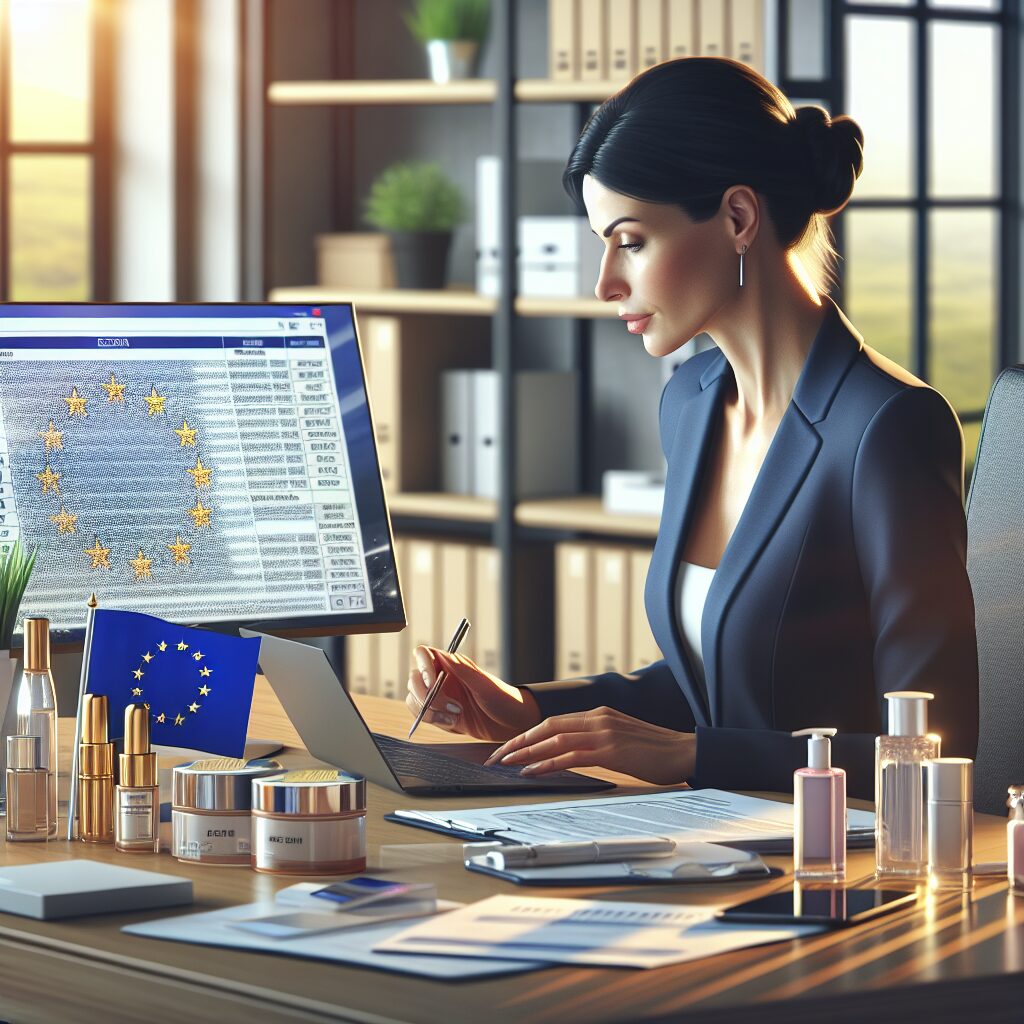 A consultant reviews cosmetic compliance documents as EU Responsible Person services are discussed for 2024 regulations and pricing.