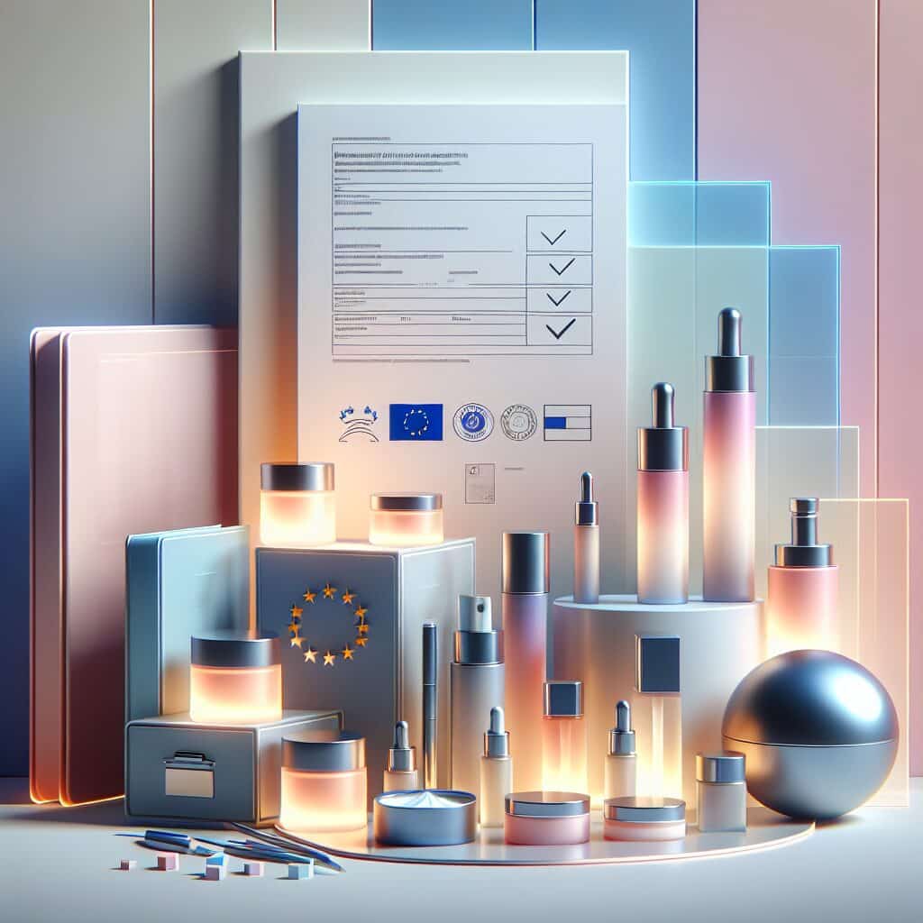 An EU Responsible Person reviewing cosmetic product PIF folders, price sheets, and legal certificates for compliance.