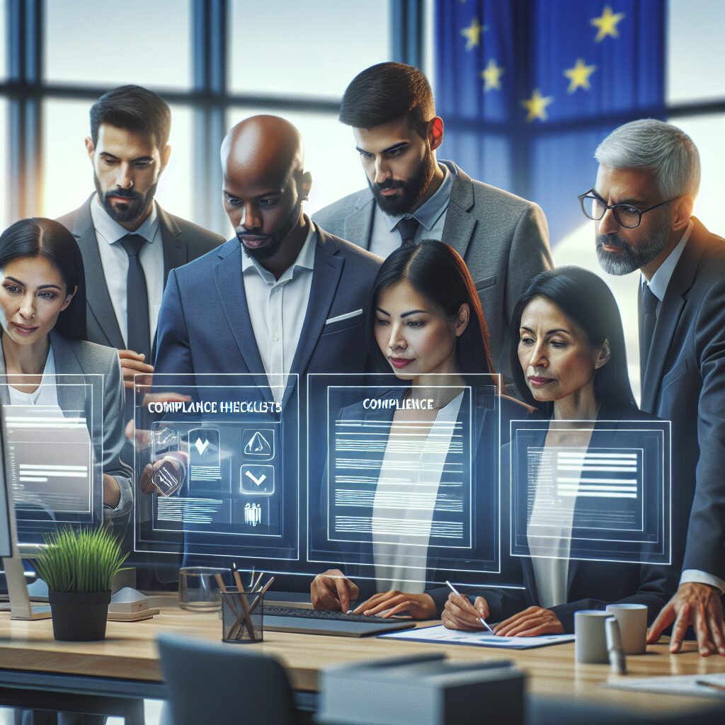A group of entrepreneurs reviewing compliance documents for EU market entry with digital checklists and EU flags in the background.