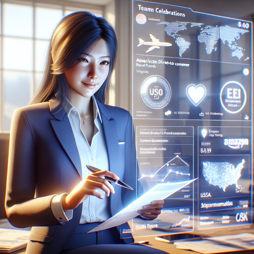 Celebrating US DTC brand team observing real-time EU Amazon listing restoration success, with compliance documents and map of Europe.