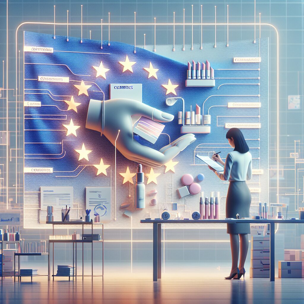 EU Responsible Person reviewing cosmetic compliance documents with EU flag and cosmetic products displayed on a modern office desk.