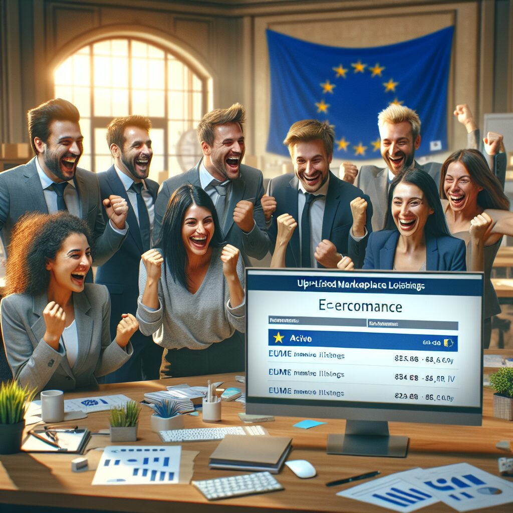 Professional setting showing a seller restoring delisted EU marketplace listings with Eldris compliance support, happy and relieved facial expression.