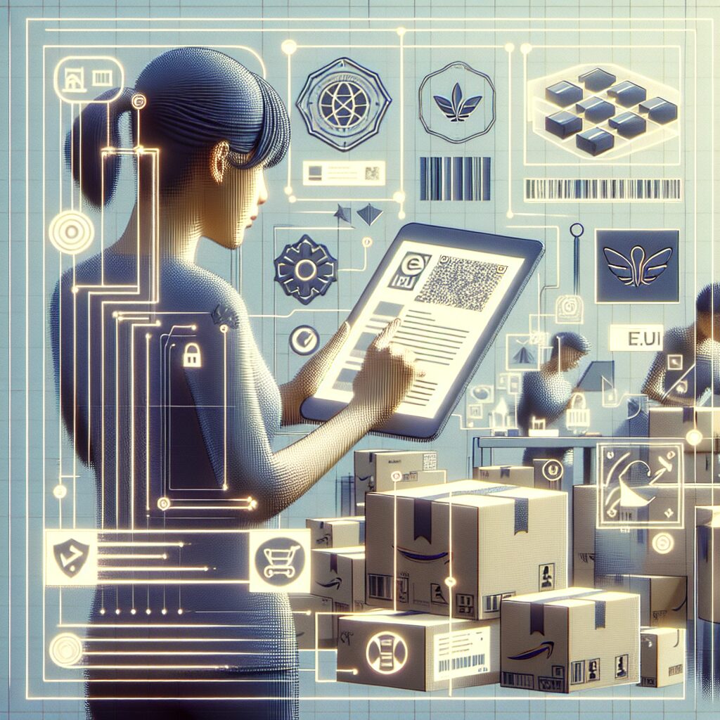 Illustration of Amazon seller completing EU Responsible Person checklist with CE marks, labels, and compliance docs on screen.