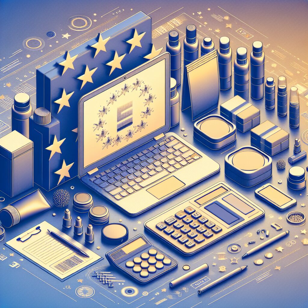Illustration depicting EU Responsible Person cost per SKU including labeled products, compliance tools, and pricing calculator on a digital device.