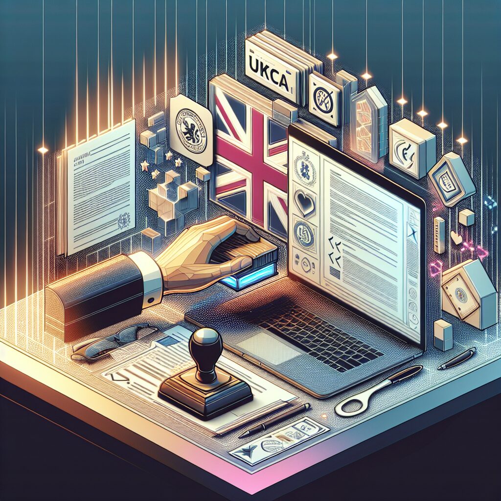 Office desk with UK and EU flags alongside compliance paperwork showing UK Responsible Person details, CE and UKCA product labels, and digital forms on screen.