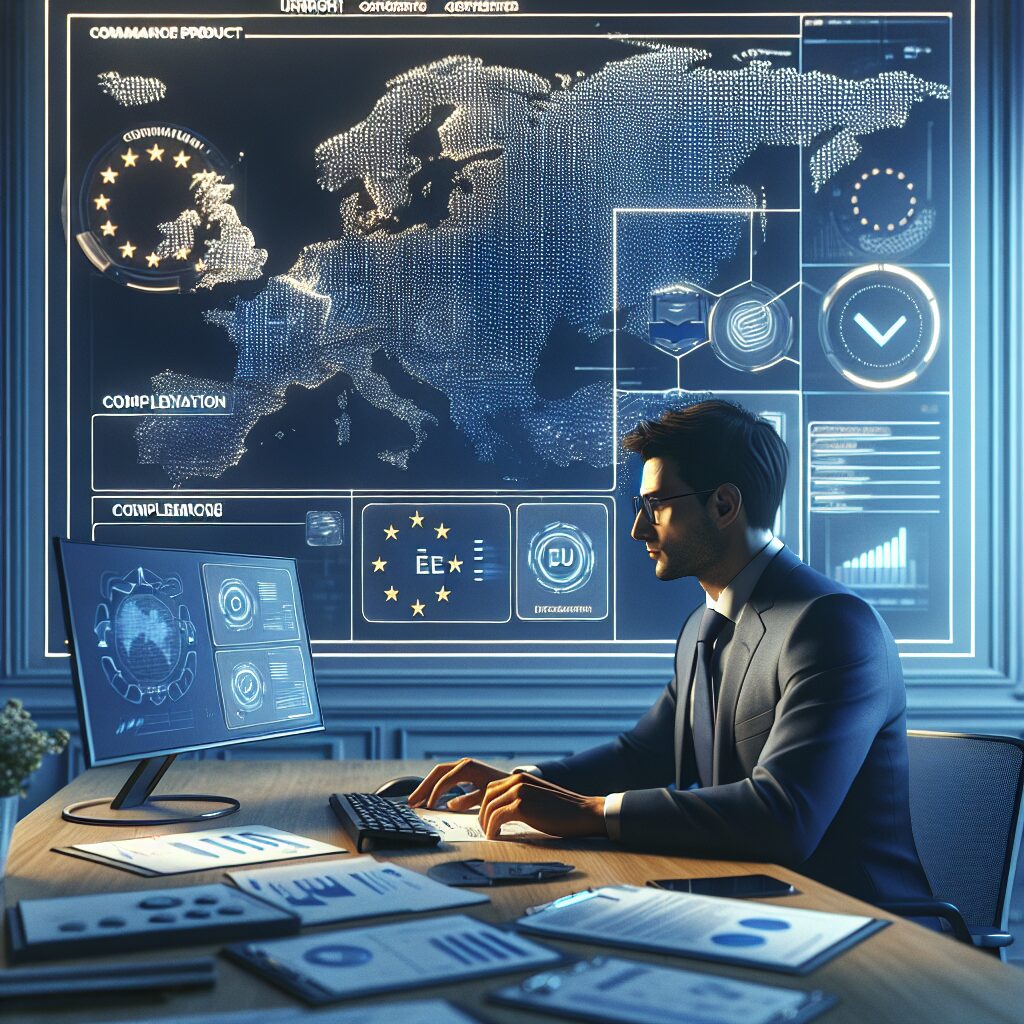 Shopify merchant dashboard over an EU map with compliance icons and official documents representing appointment of EU Responsible Person.