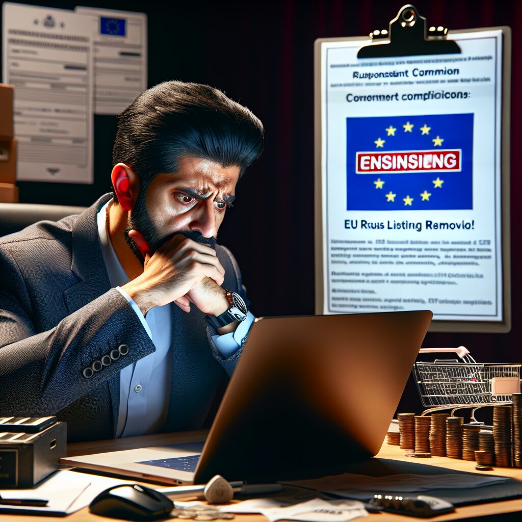 A professional setting showing an EU Responsible Person certificate next to a worried Amazon seller monitoring delisting notices on their laptop.