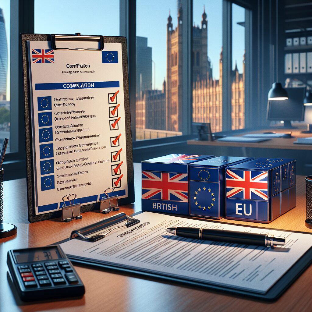 Desk with UK and EU flags, cosmetic packaging, and documents representing EU Responsible Person compliance for UK brands