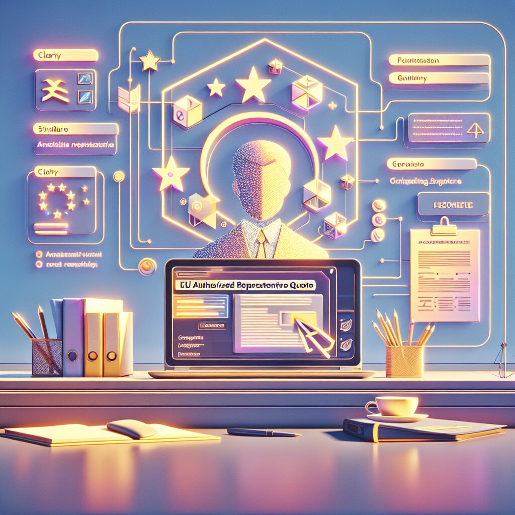 Professional environment showing a team requesting an EU authorised representative quote online with compliance documents and branding elements.