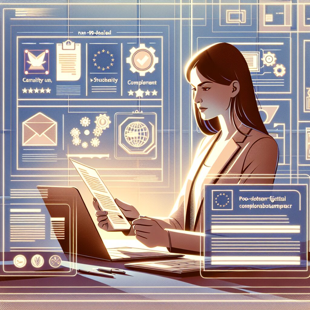 A DTC founder reviews EU Responsible Person documentation and pricing options for compliance, shown with the EU flag and official certificate.