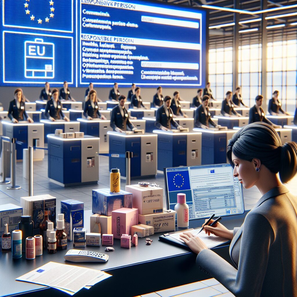 A confident businessperson at an EU customs checkpoint holding compliance paperwork, showcasing EU customs clearance process with timely shipment flow.