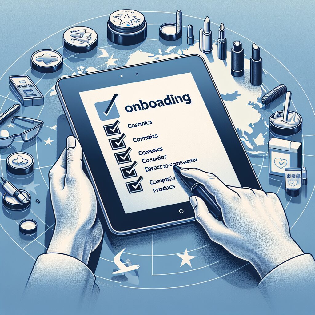 Digital checklist for EU Responsible Person onboarding with Eldris, showing a tablet and EU map with compliance icons.