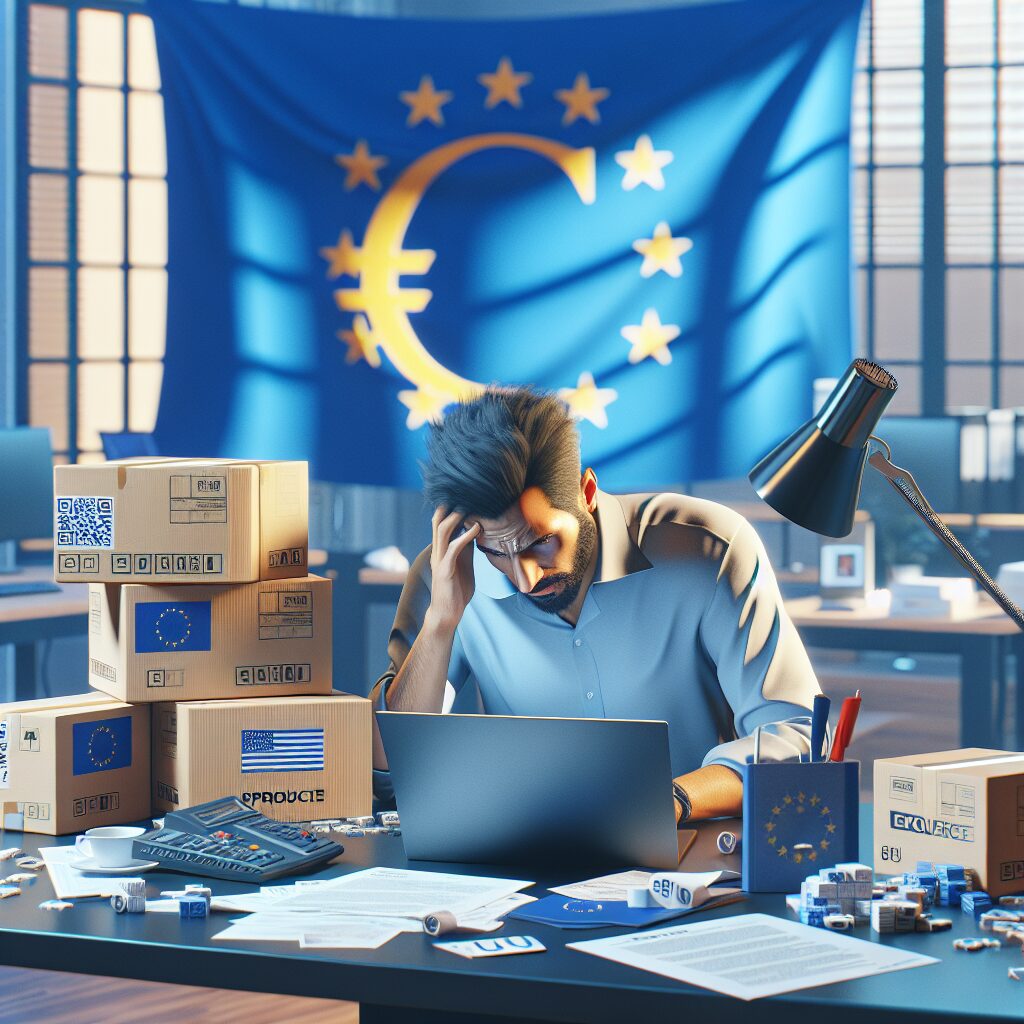 E-commerce manager looks overwhelmed handling EU Responsible Person duties, surrounded by compliance paperwork and cosmetics packaging.