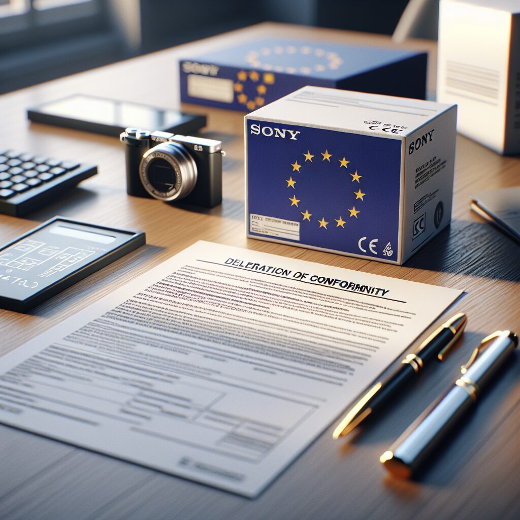 Official EU declaration of conformity document with CE marked packaging on a compliance manager’s desk in a well-lit modern office.