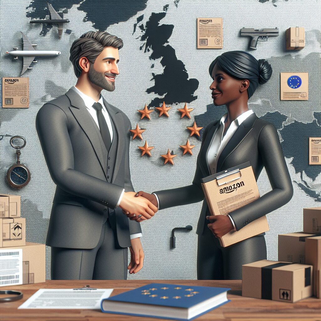 Professional discussion between an Amazon seller and EU Responsible Person, with compliance packaging and documents visible.