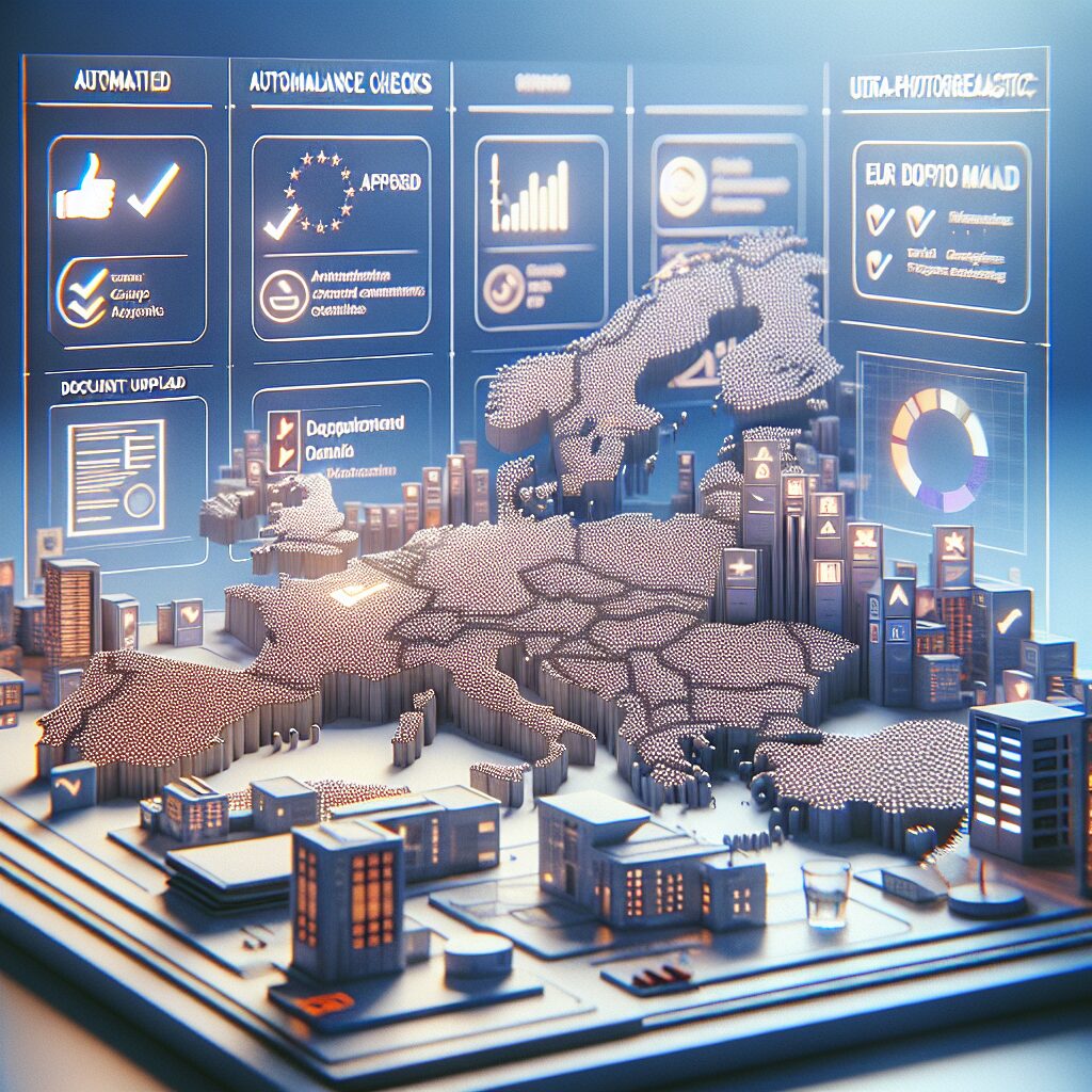 A dashboard displaying automated compliance checks and document approvals for smooth EU market entry using digital tools.