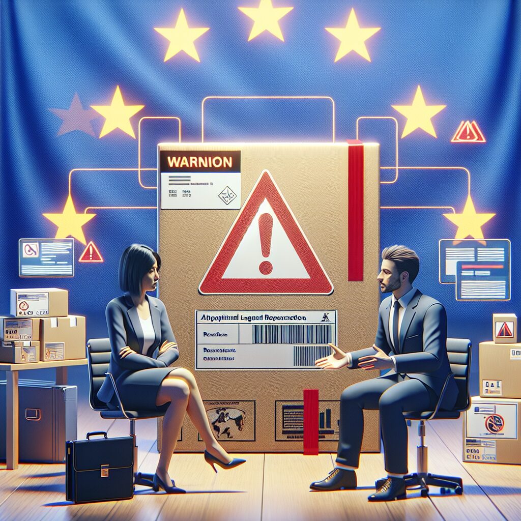 Illustration of EU Responsible Person risks showing business owners with warning sign, EU flag, and compliance icons.