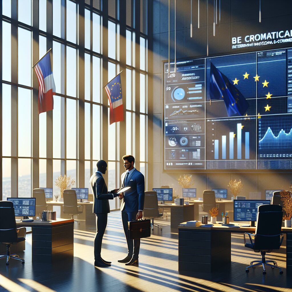 Business leader handing EU compliance documentation to an official with ROI charts in background, symbolizing the EU Responsible Person's ROI benefits.
