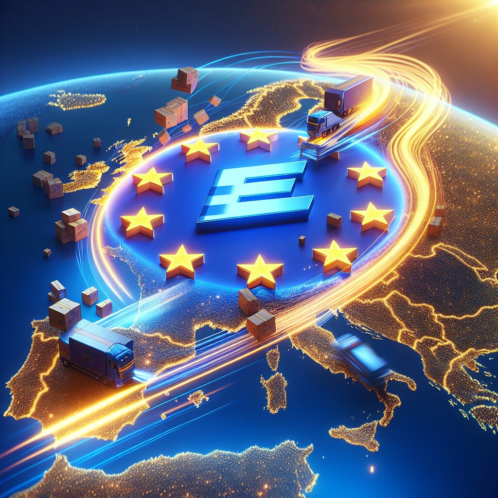 A fast-moving ecommerce scene with the EU Responsible Person stamp, symbolizing rapid compliance and sales growth in Europe.