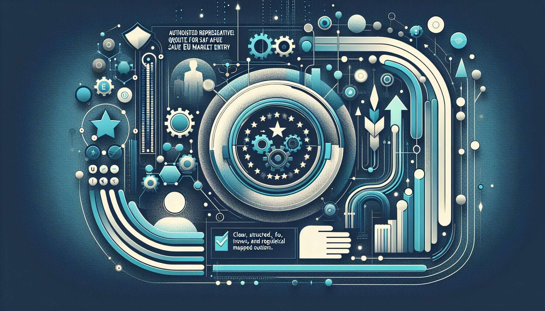 Illustration of a digital EU authorised representative quote process with compliance icons and product packaging.