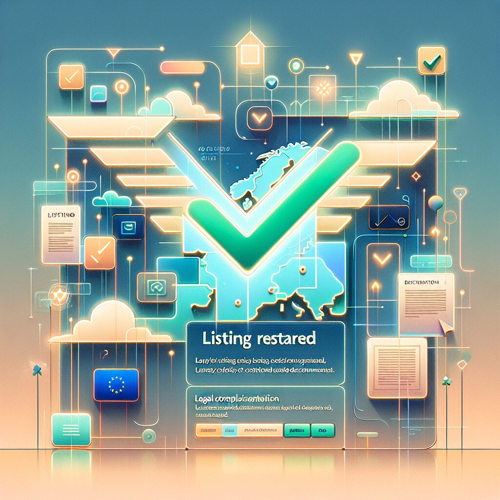 Illustration of EU Responsible Person dashboard showing restored listings, compliance icons, safety labels, and EU map with check mark.