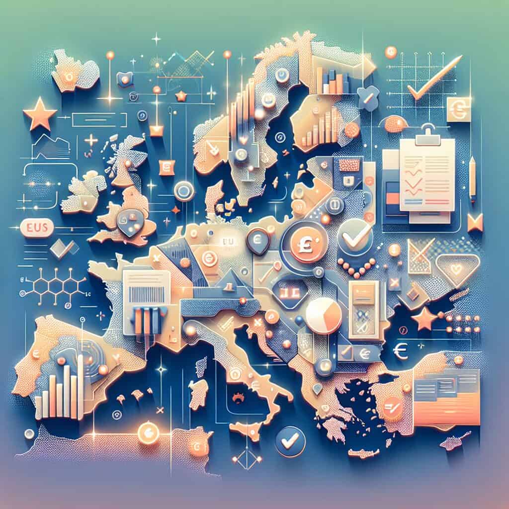 Illustration showing eu responsible person pricing with map of Europe, compliance icons, and product visuals for 2024 comparison.