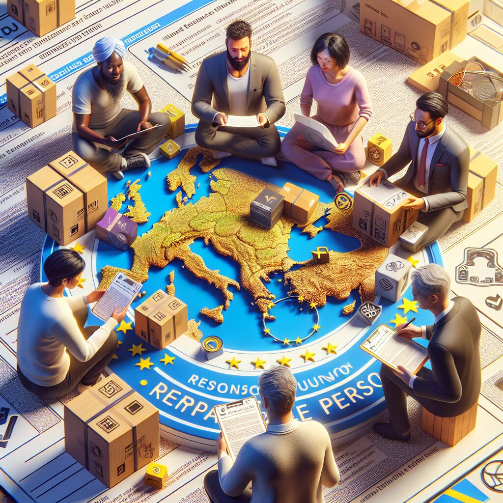 Illustration of non-EU sellers reviewing documentation and EU product safety regulation steps for 2025 compliance.