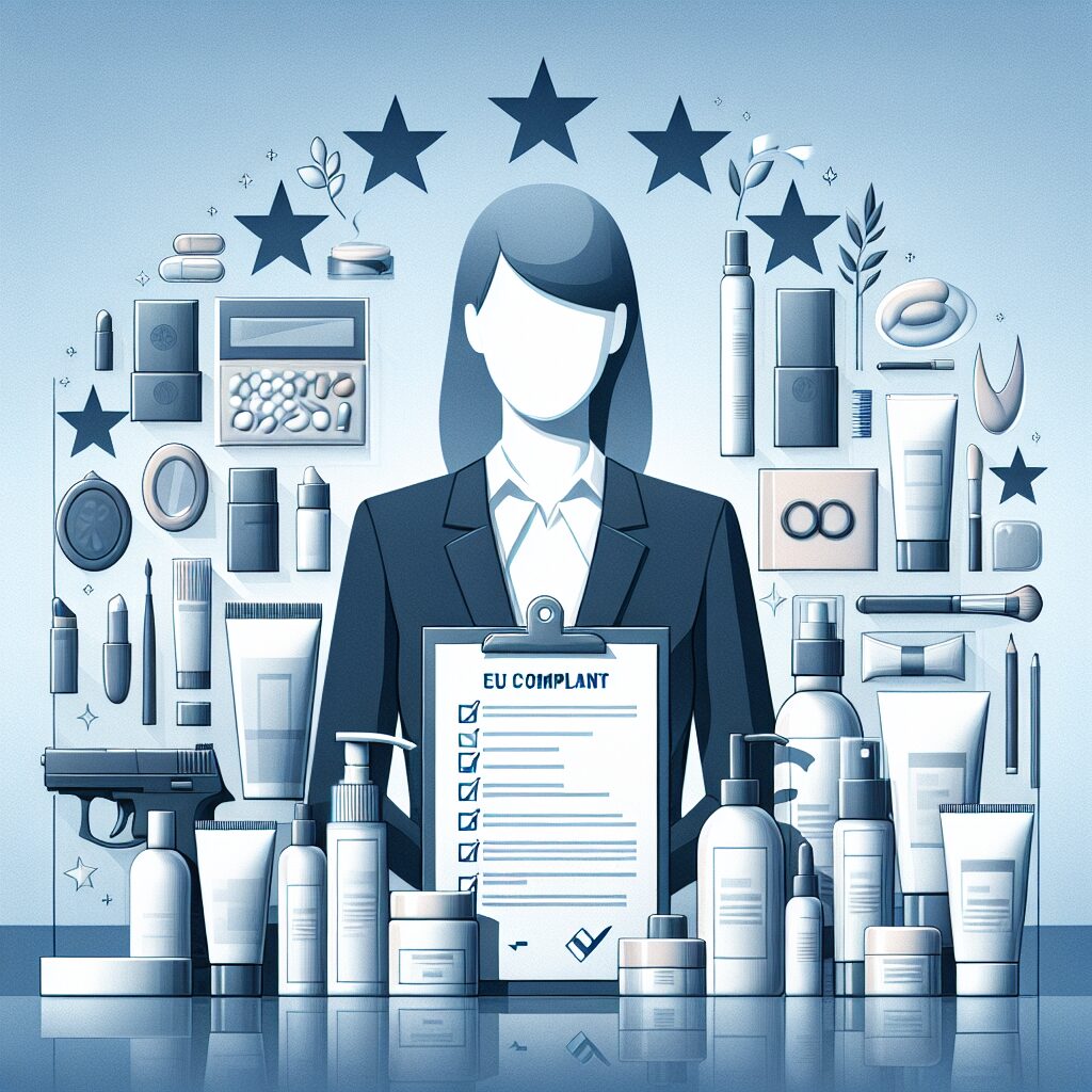 Illustration showing cosmetic products with a 2024 EU compliant checklist and a professional highlighting EU Responsible Person compliance.
