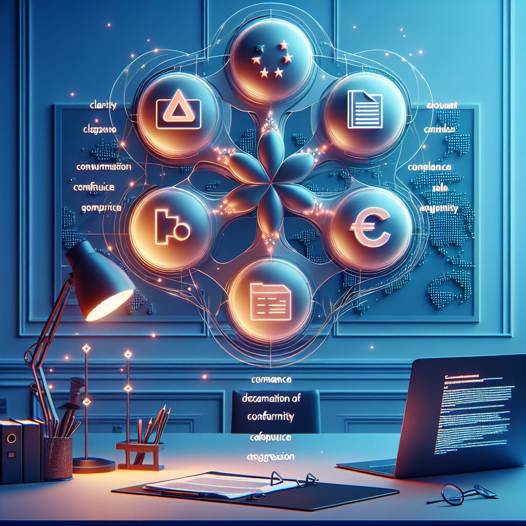 Illustration showing an EU Responsible Person's compliance files including technical dossiers, PIF, DoC, and safety reports, in a European office.