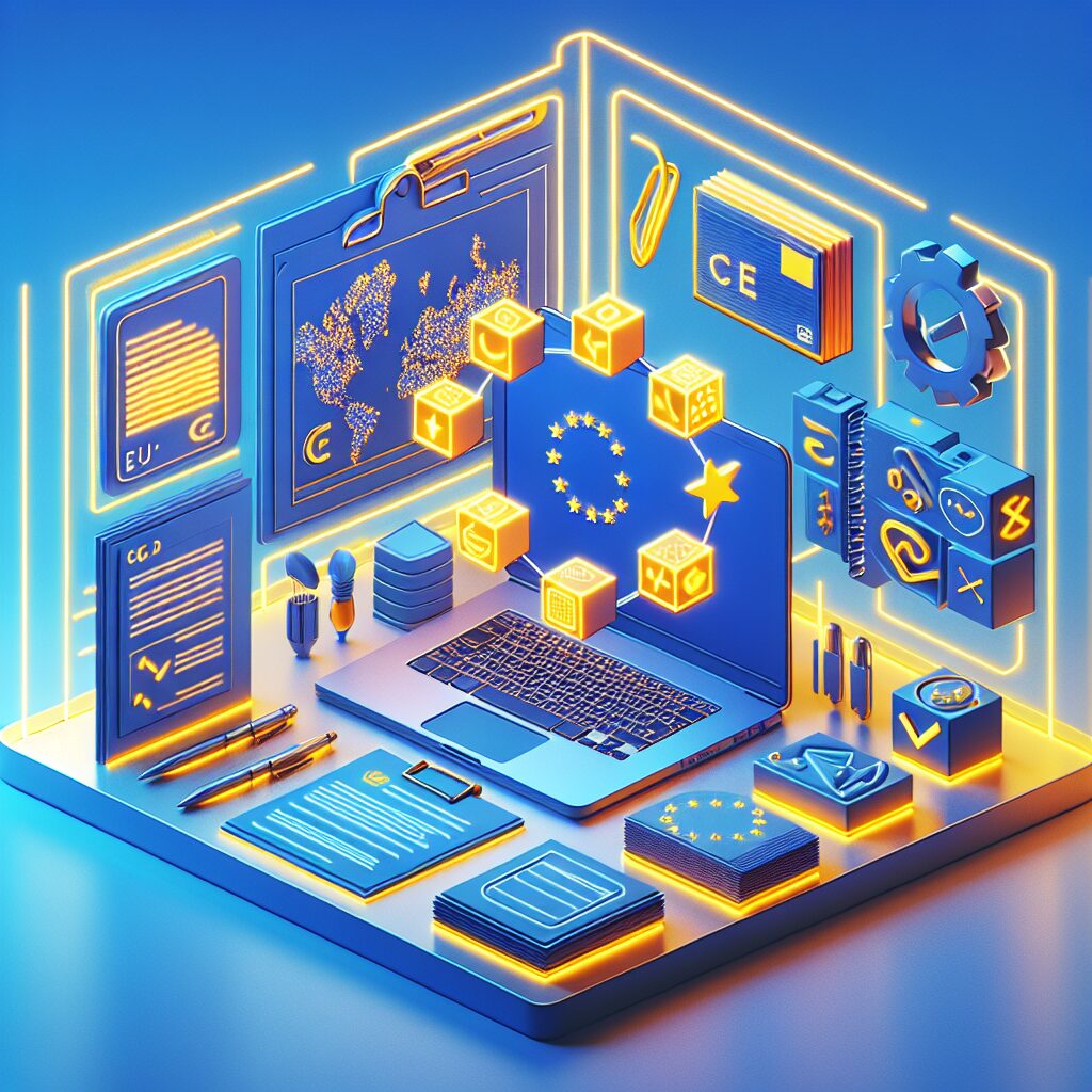 Flat lay showing compliant product packaging, documents and EU map illustrating concept of EU Responsible Person pricing and compliance.