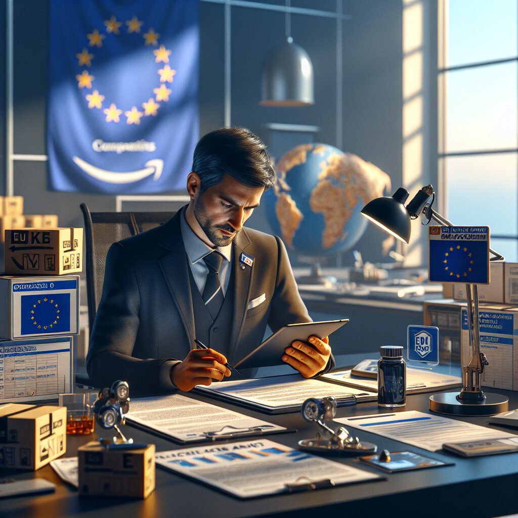 Digital workspace showing a US seller reviewing EU compliance checklists, symbolizing EU product compliance process.