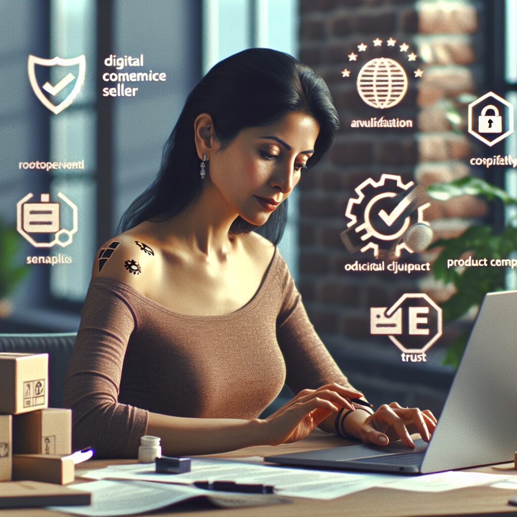 E-commerce seller reviewing Amazon listing recovery progress with EU compliance documents and digital checkmarks visible.