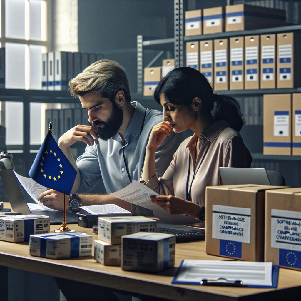 A compliance officer and brand manager discuss EU product requirements with digital tools and product boxes near an EU flag backdrop.