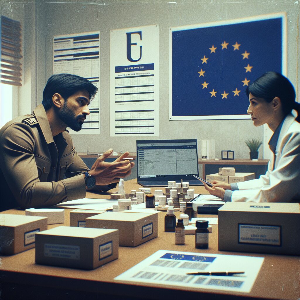 A Shopify seller discusses shopify eu compliance and onboarding fees with an EU compliance expert in a modern workspace setup.