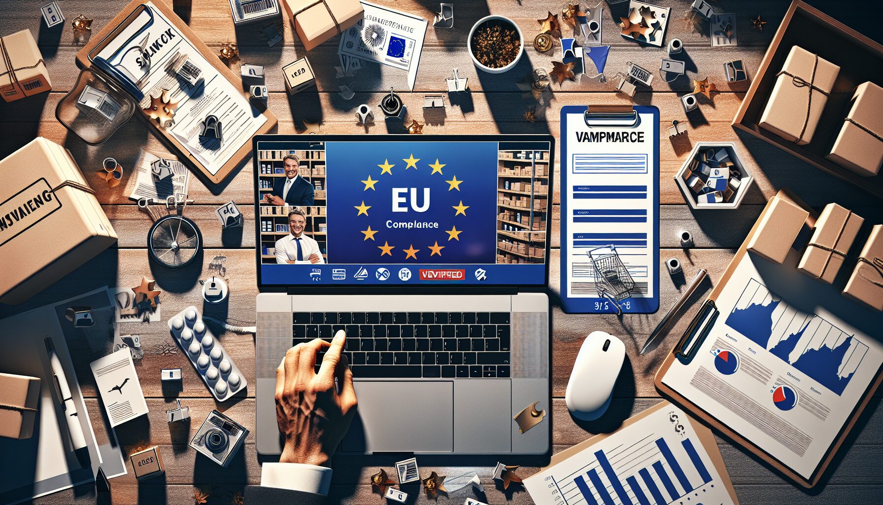 A brand founder reviews EU Responsible Person compliance status on a laptop with packaging and digital tools visible.