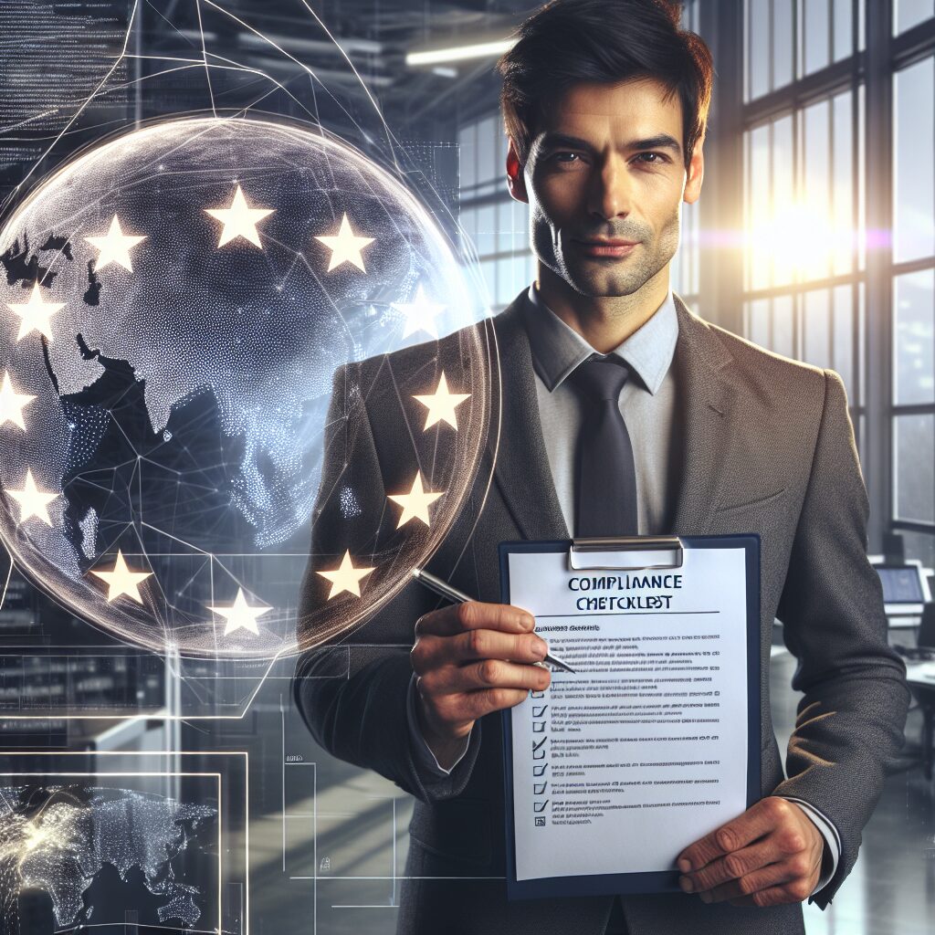 Business professional reviewing EU compliance documents with a clipboard showing the EU flag and a global digital map in the background.