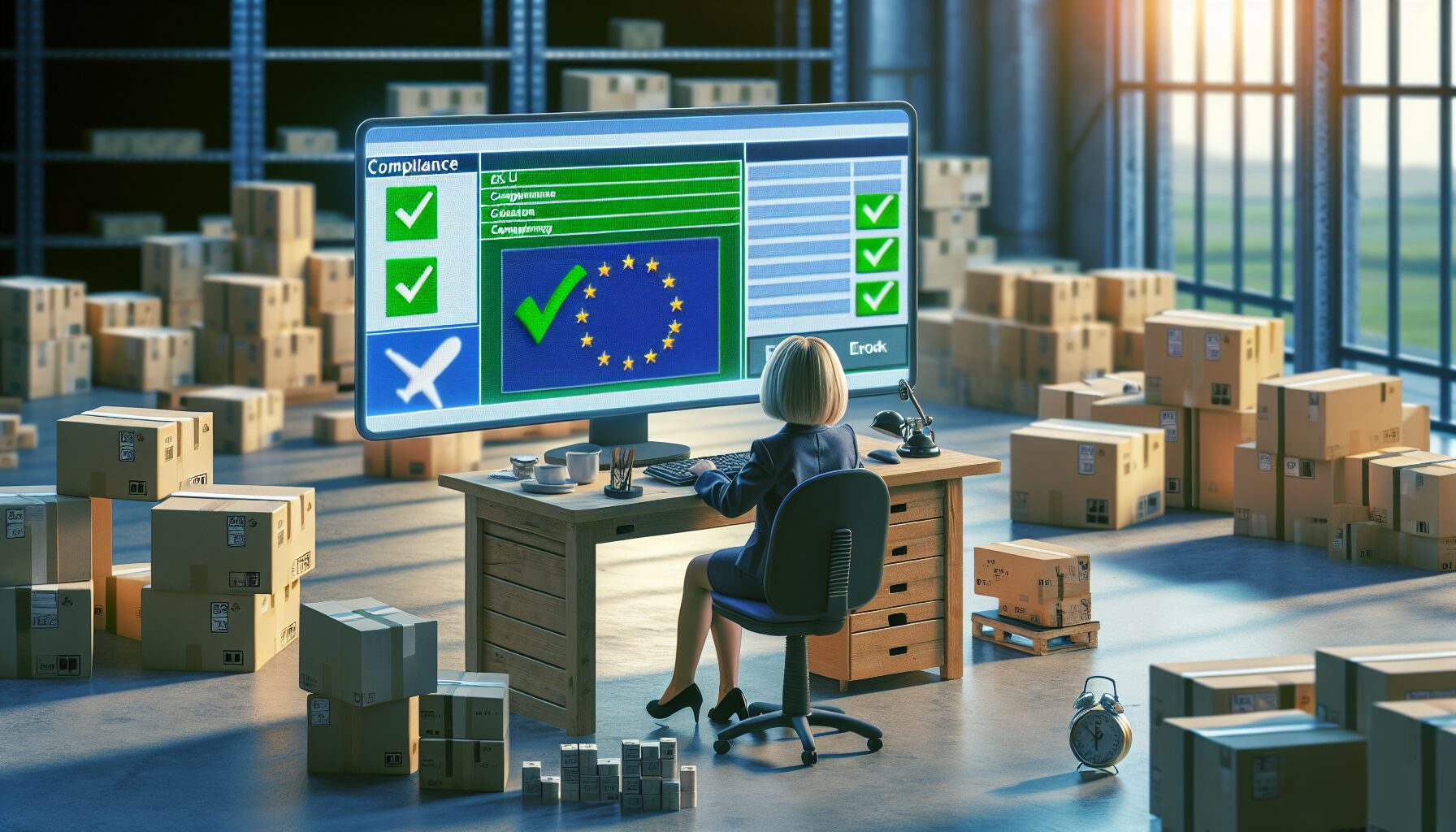 Entrepreneur with packaged products uses digital compliance software to prepare for the EU market.